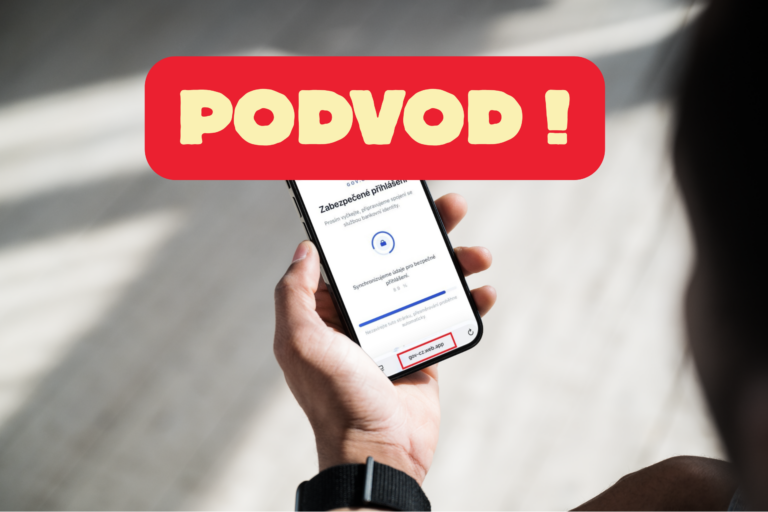 Varování PODVOD! nad mobilem s falešnou stránkou, která se tváří jako přihlášení přes bankovní identitu.